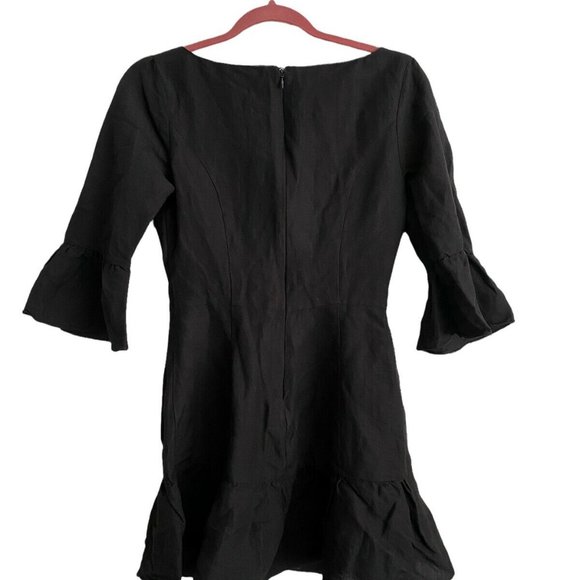 LPA 495 Black Mini Dress Linen Blend Flare Sleeves Flounce Hem - Picture 3 of 5